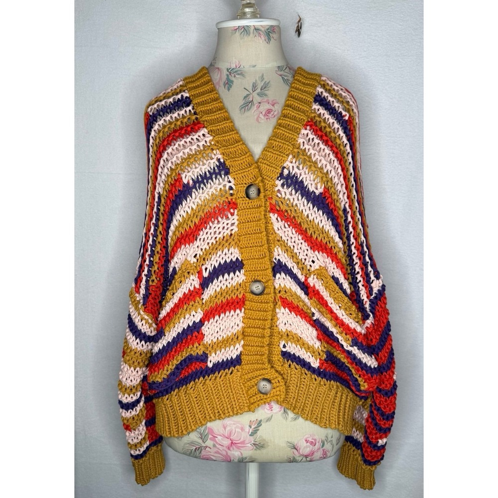 Zara Chunky Knit Striped Cardigan Sweater Women L-XL Oversized Boho Colorblock